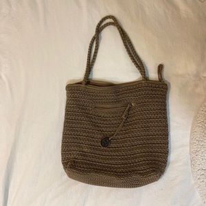 light brown knit tote bag